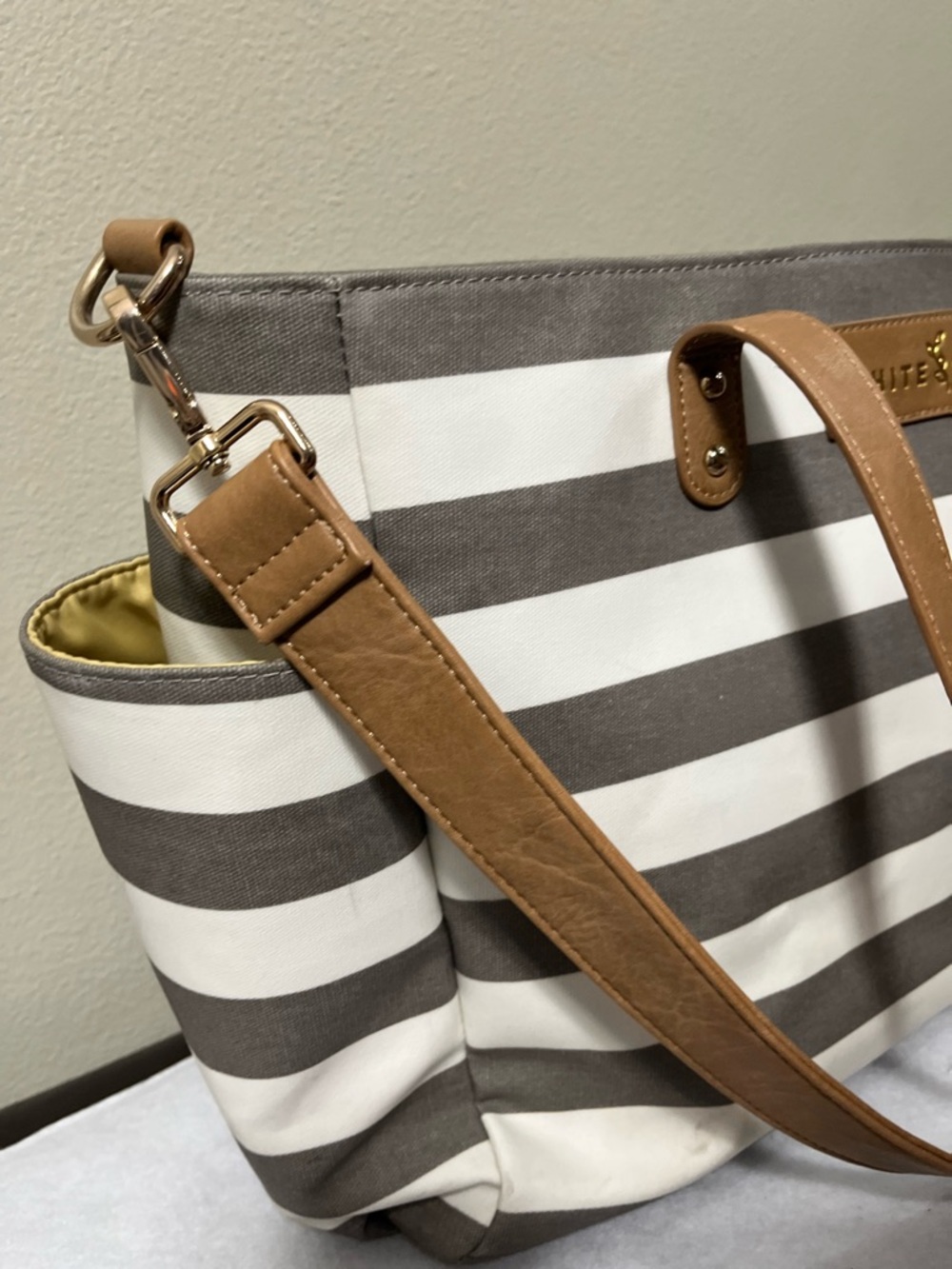 White Elm Aquila Tote Gray White Striped Canvas Diaper Work Bag Crossbody - Picture 6 of 16